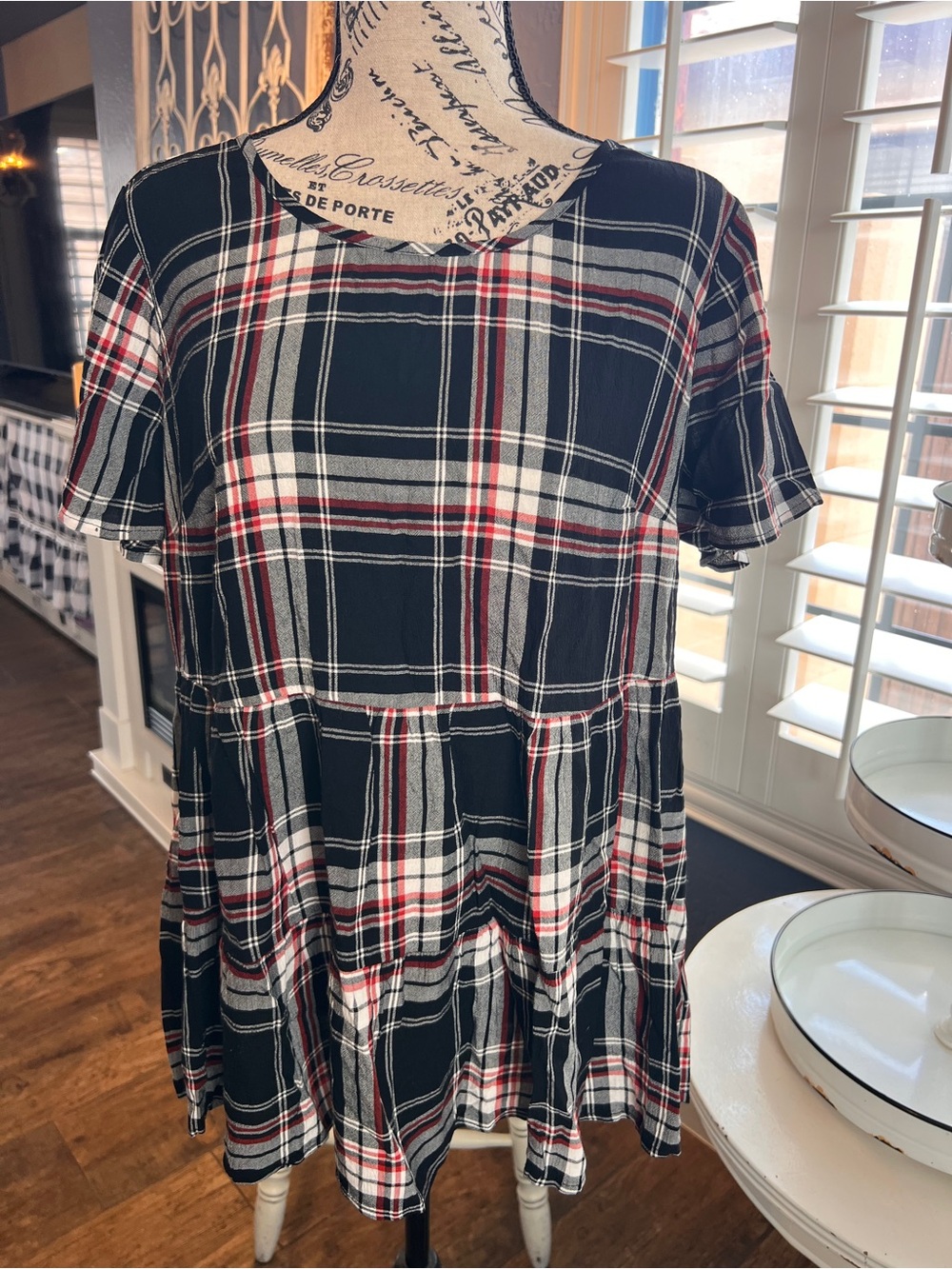 torrid Black Plaid Babydoll Tunic with Red & White Stripes